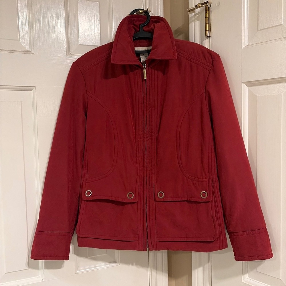 Westbound Womens Petites Full Zip Jacket Red PL Leopard Print Lining Collared